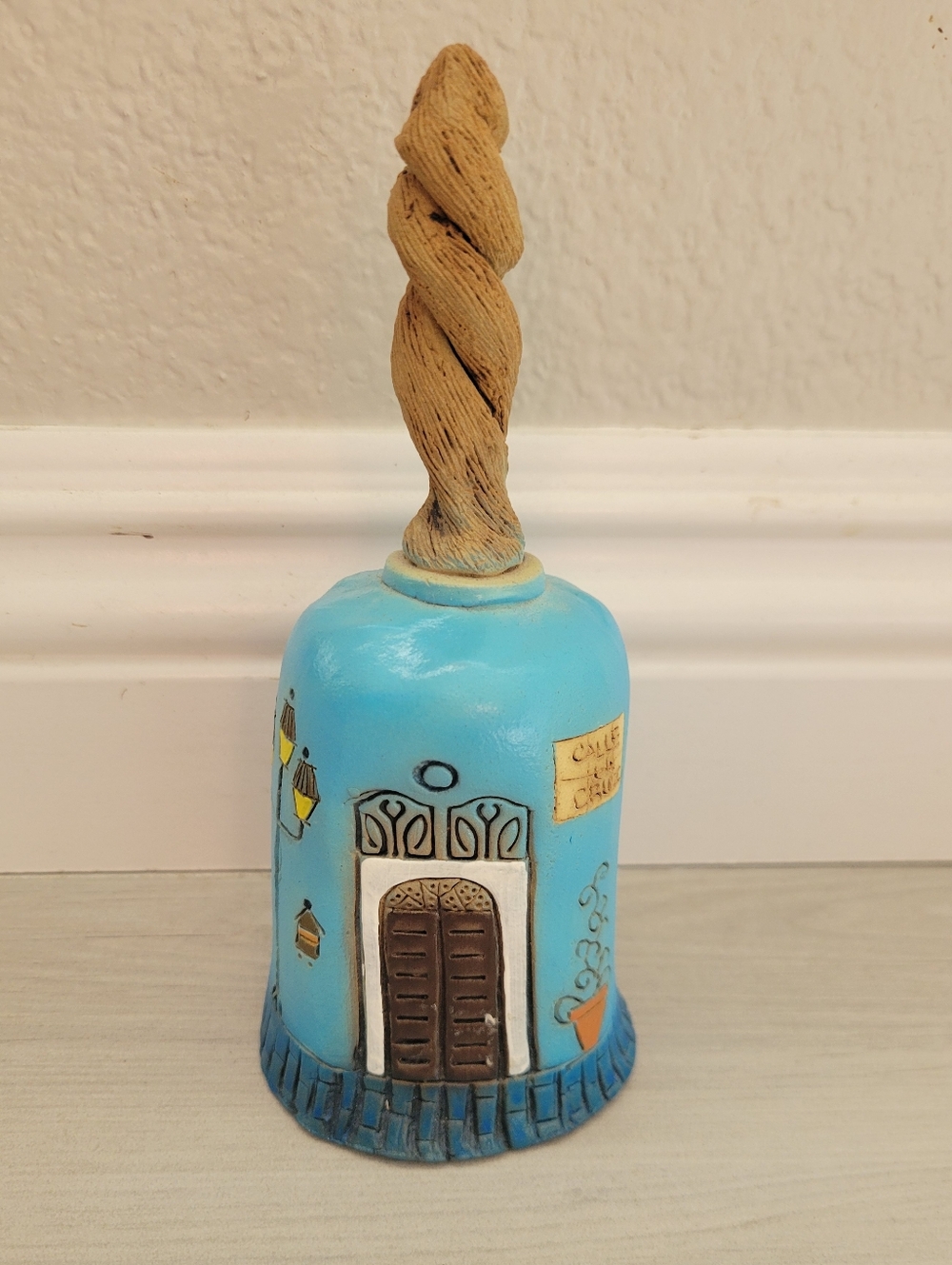 Decorative Blue Ceramic Bell with Twisted Handle Handmade *NWOT*
